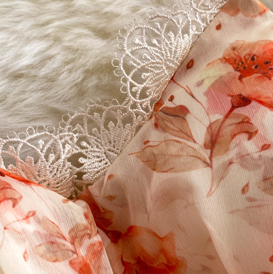 Pure and sweet chiffon lace with built-in chest pad orange sleeveless pullover A-line suspender dress R0364