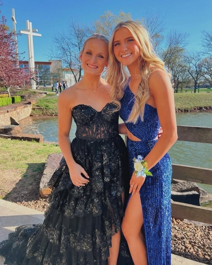 Dark Navy Sweetheart A-Line Lace Tiered Long Party Dress Senior Prom Dress, D779