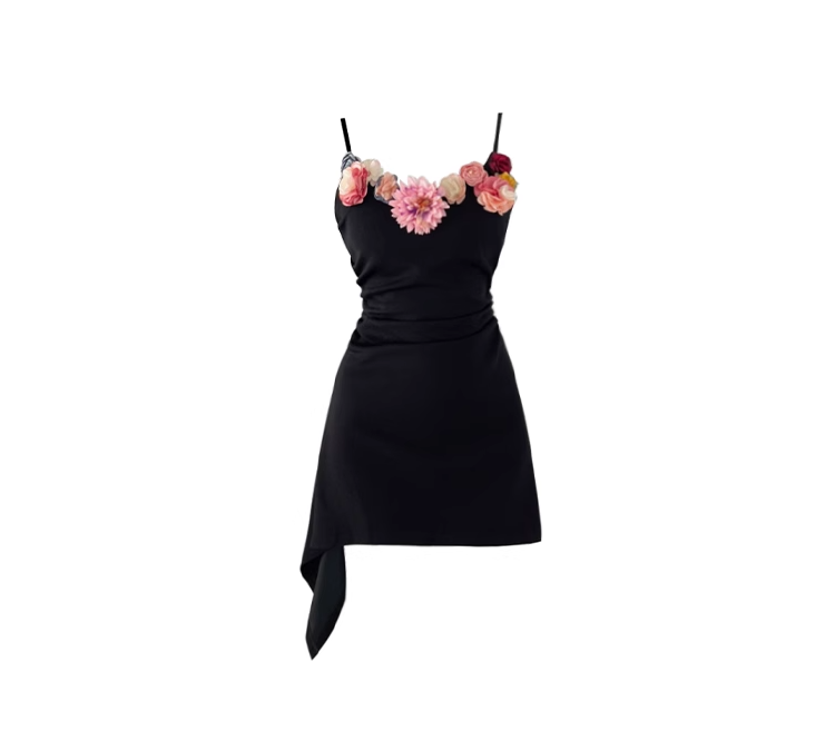 Black heavy three-dimensional flower suspender dress new style fishbone waist slim a-line short skirt R0074