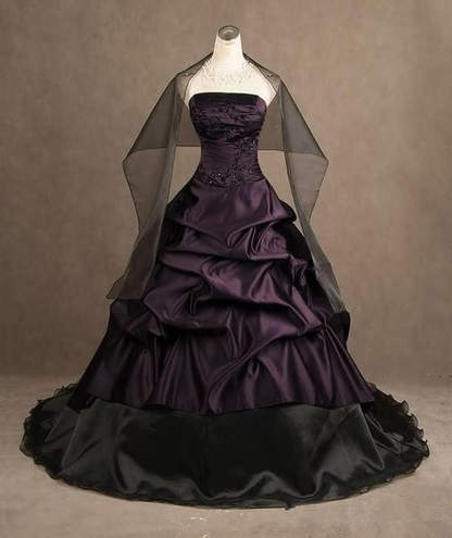 Dark Purple Strapless A-Line Satin Beading Vintage Party Dress Evening Gowns, D959