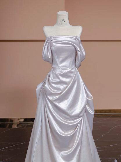 Silver-grey off-the-shoulder, high-end, fitted long elegant ball gown/bridal dress R8304