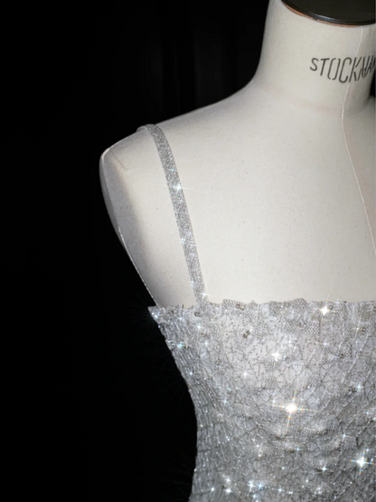 White suspender sequined waist A-line sexy long skirt, prom dress R5644