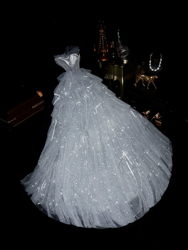 White strapless fitted waist tulle dress, princess-style long ball gown R6914