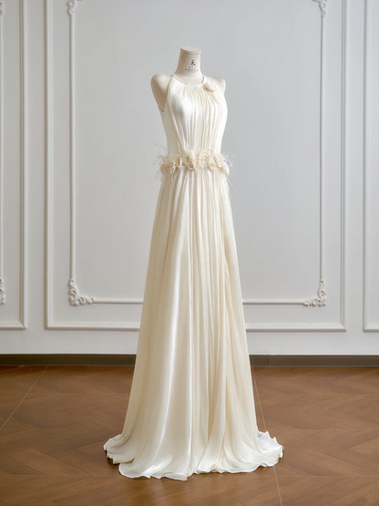 Light apricot halter neck fitted waist long elegant ball gown R8190