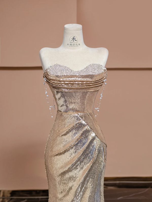 Champagne gold strapless fitted long ball gown, bridal gown R8362