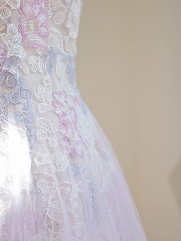 Light purple floral print strapless fitted A-line ball gown, bridal dress R8450