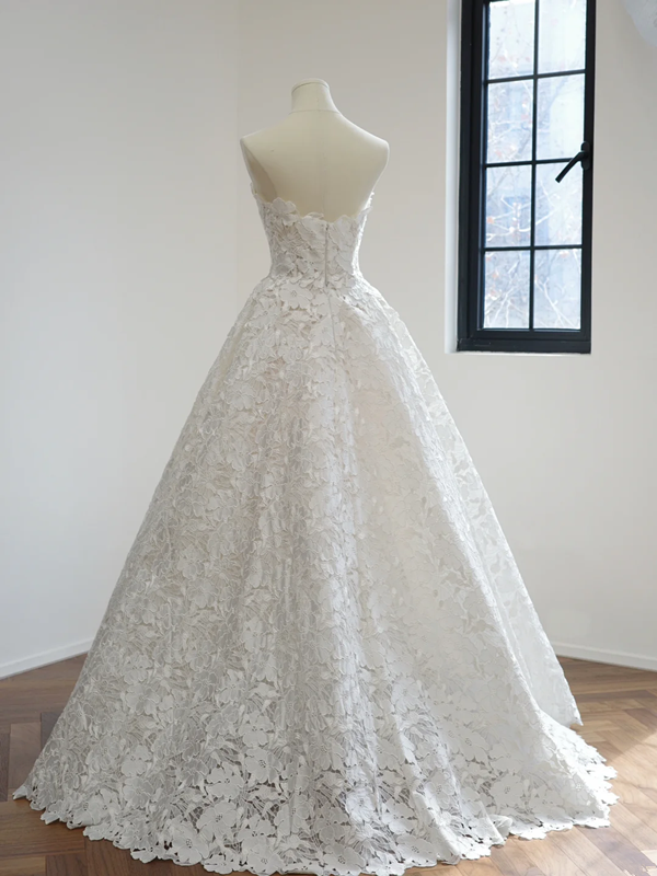 White lace floral strapless dress with a fitted waist and full skirt, long ball gown/bridal gown R8486