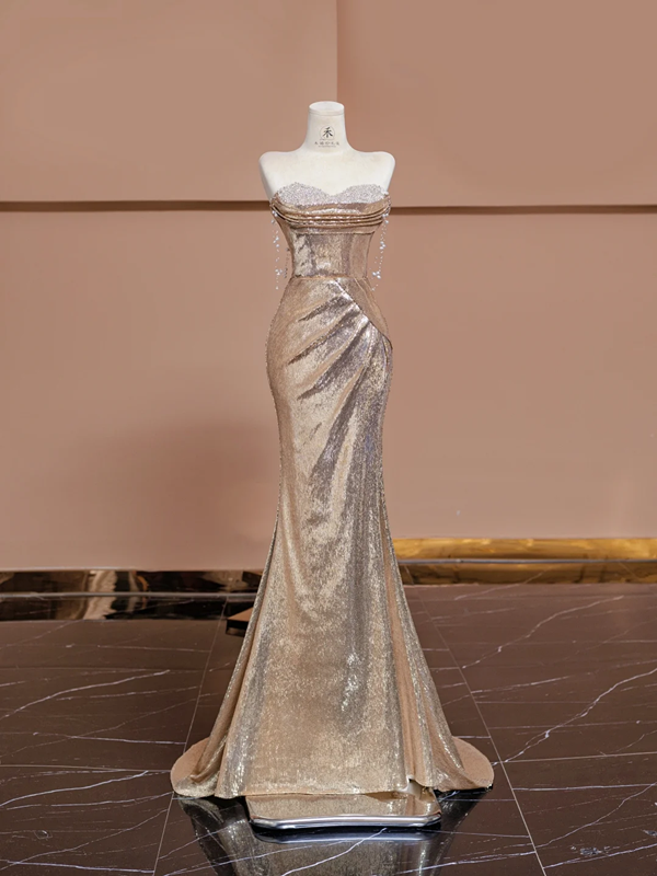 Champagne gold strapless fitted long ball gown, bridal gown R8362