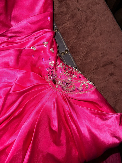 Pink halter neckline, fitted waist, sexy long ball gown R7033