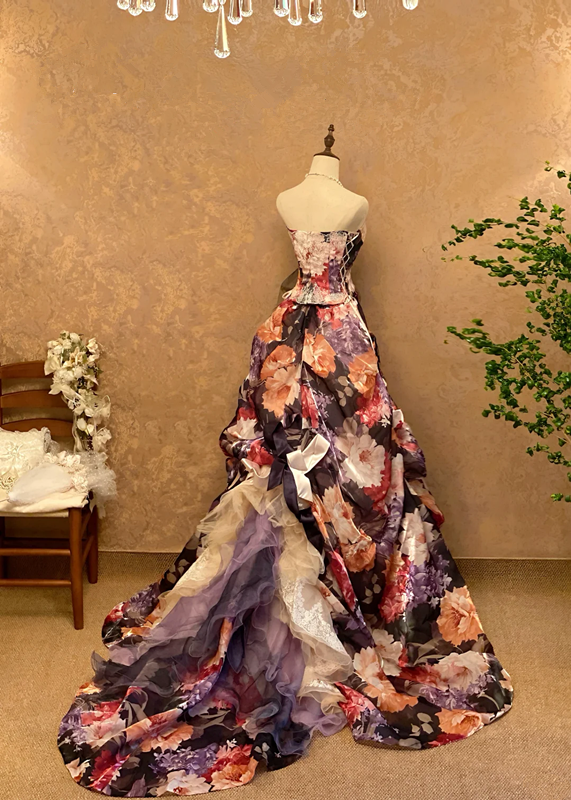 Vintage Floral Print Strapless Waist-Cinched Slim-Fit Floor-Length Ball Gown, Bridal Gown R7360