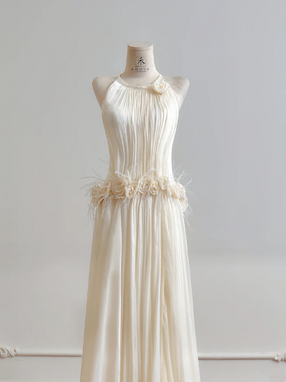 Light apricot halter neck fitted waist long elegant ball gown R8190