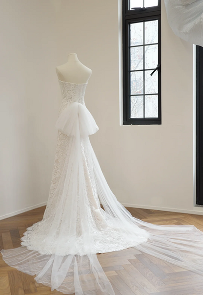 White strapless, fitted, floral print, long ball gown/bridal dress R8546