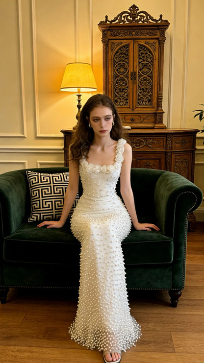 White vintage floral halter top with pearl embellishments, fitted waist, bodycon long ball gown, bridal gown R8577