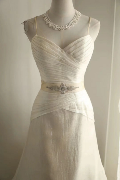 Ivory white halter-neck fitted waist elegant long ball gown, bridal dress R6833