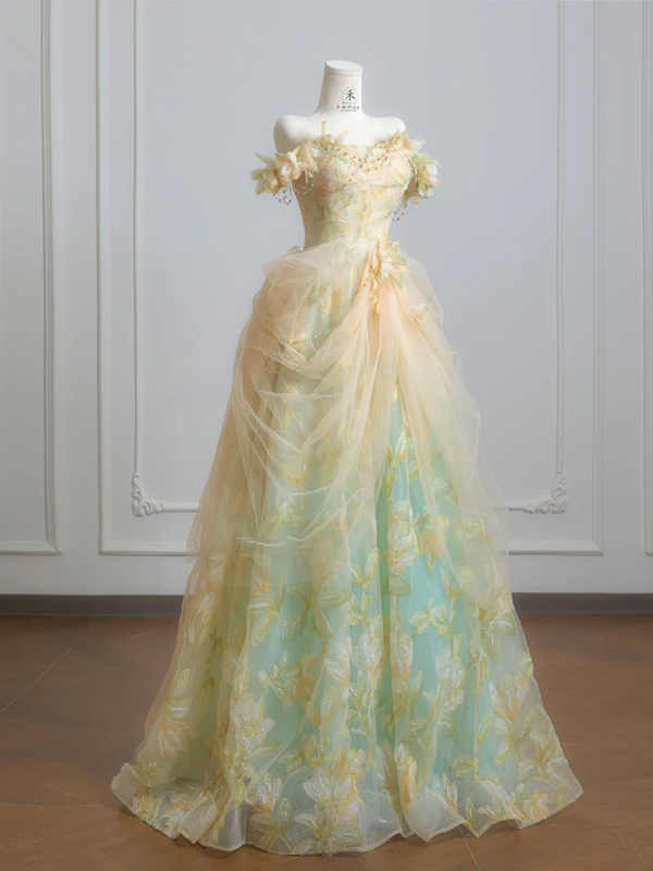 Light yellow off-the-shoulder fitted waist ball gown with a full skirt R8219