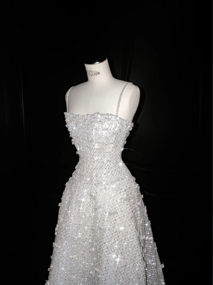 White suspender sequined waist A-line sexy long skirt, prom dress R5644