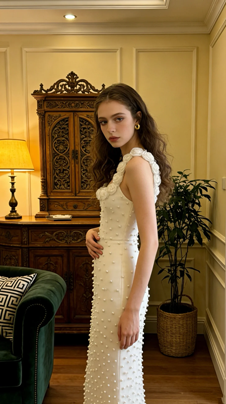 White vintage floral halter top with pearl embellishments, fitted waist, bodycon long ball gown, bridal gown R8577