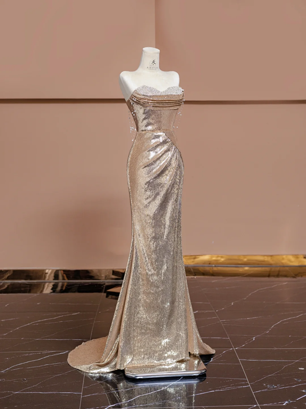 Champagne gold strapless fitted long ball gown, bridal gown R8362