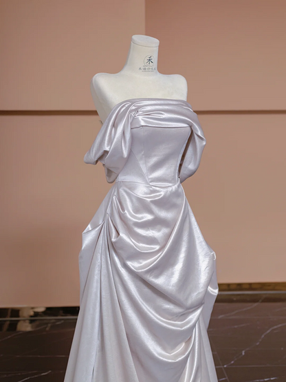 Silver-grey off-the-shoulder, high-end, fitted long elegant ball gown/bridal dress R8304