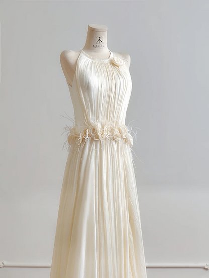 Light apricot halter neck fitted waist long elegant ball gown R8190