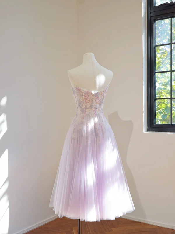 Light purple floral print strapless fitted A-line ball gown, bridal dress R8450