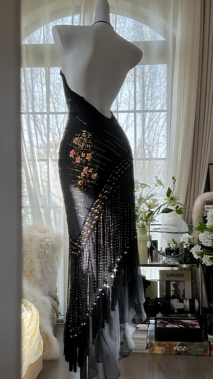 Black halter-neck, fitted waist, bodycon sexy long ball gown R7669