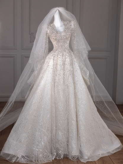 White V-neck long sleeve diamond waist slim fit puffy skirt long dress bridal gown R5837