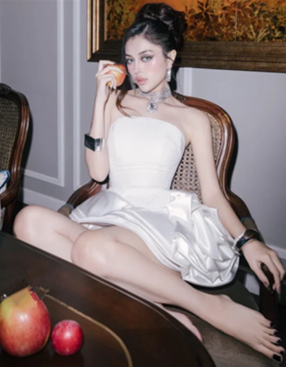 White satin tube top waist slim design temperament short skirt homecoming dress R4656