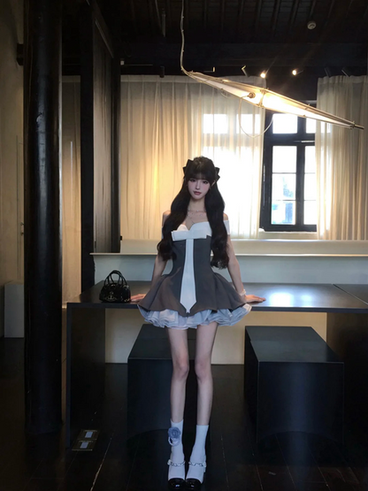 Gray tube top waist slim fit A-line high-end puffy skirt homecoming dress R5064