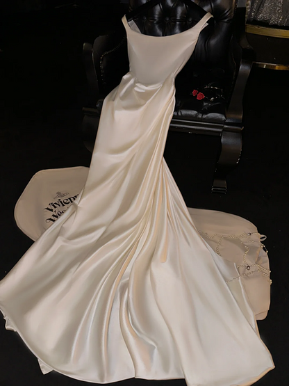 Light apricot-colored halter-neck satin fitted long ball gown/bridal dress R8821
