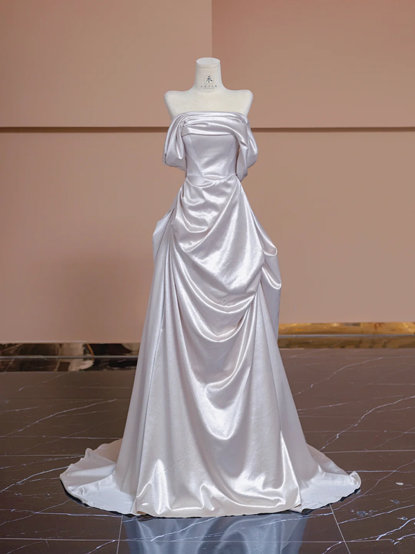 Silver-grey off-the-shoulder, high-end, fitted long elegant ball gown/bridal dress R8304