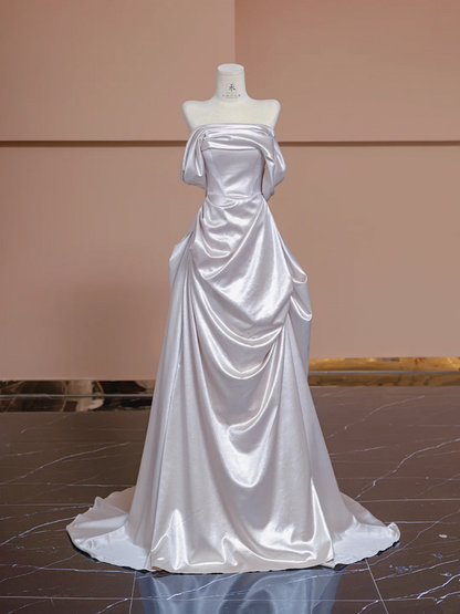Silver-grey off-the-shoulder, high-end, fitted long elegant ball gown/bridal dress R8304