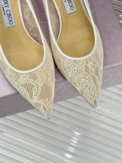 Jimmy Choo Classic Lace Pointed-Toe High Heels Ivory Sheepskin 573528