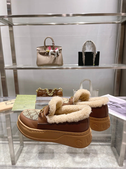 GG Snow Boots Brown Calfskin Denim Wool 576249