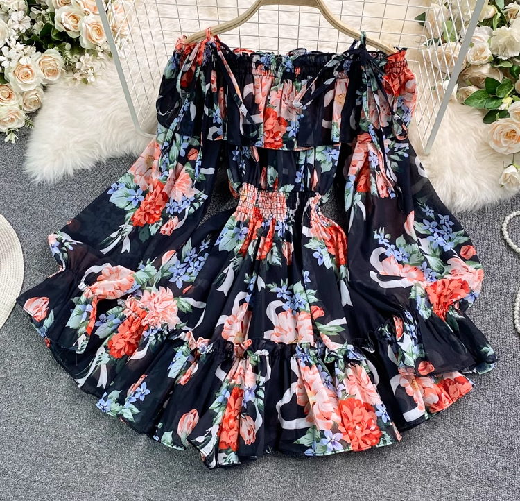 Holiday one-shoulder off-shoulder printed chiffon jumpsuit skirt super fairy wide-leg pants jumpsuit R0380