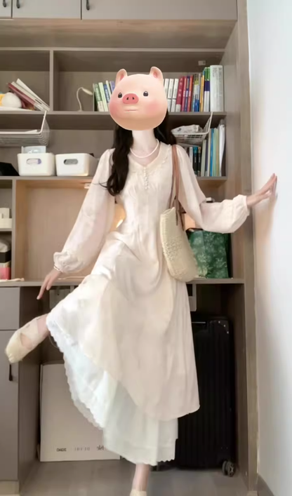 Tea break French style gentle temperament v-neck long-sleeved dress super beautiful waist skirt female R0467