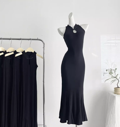 New Chinese style design slim step by step lotus black fishtail dress for women R0275