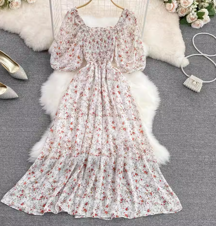 2025 new first love skirt square neck floral chiffon skirt tea break forest platycodon skirt a-line dress R0339
