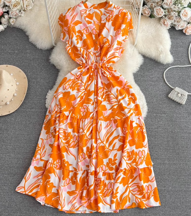 High-end, light luxury temperament flying sleeves V-neck waist slimming A-line ruffled printed dress R0353