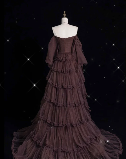 Chic Ball Gown Off The Shoulder Long Sleeves Evening Dress Tulle Long Prom Dresses