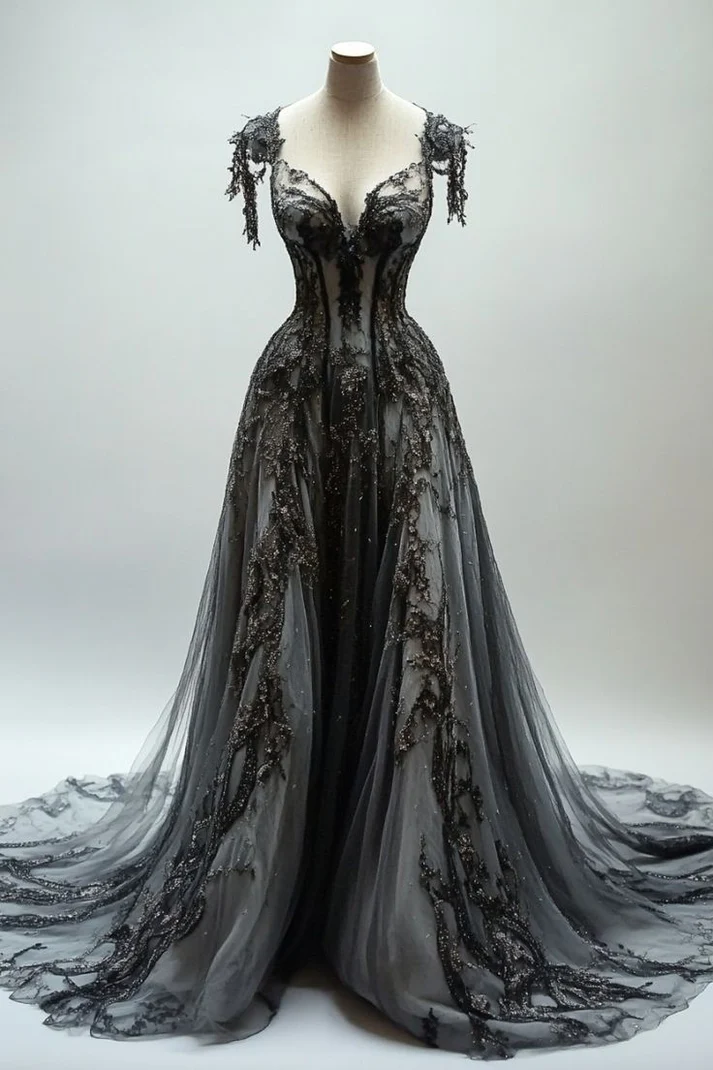 Black Appliques A line V neck Lace Tulle Sequin Long Prom Dress Dark Gray Formal Evening Gowns