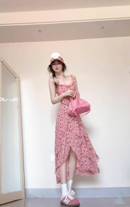 Tea break French pink suspender floral dress seaside vacation unique waist temperament long dress R0422