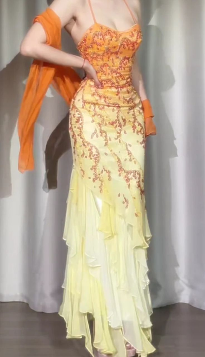 Pretty Spaghetti Straps Ombre Yellow Chiffon Sequin Beaded Mermaid Party Dress Long Prom Dresses SP1266