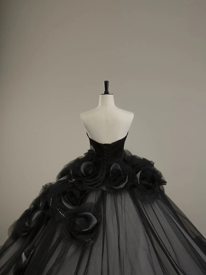 Elegant Black Strapless Floral Quinceanera Dress Evening Ball Gown MD7443