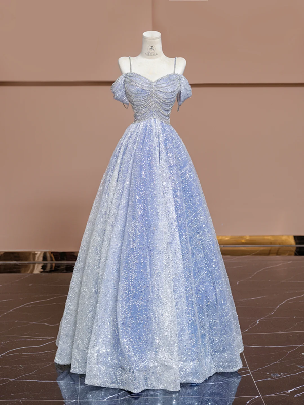 Light blue halter-neck off-the-shoulder fitted long ball gown, bridal dress R8363
