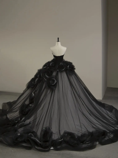 Elegant Black Strapless Floral Quinceanera Dress Evening Ball Gown MD7443
