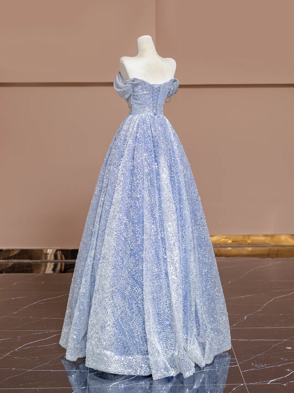 Light blue halter-neck off-the-shoulder fitted long ball gown, bridal dress R8363