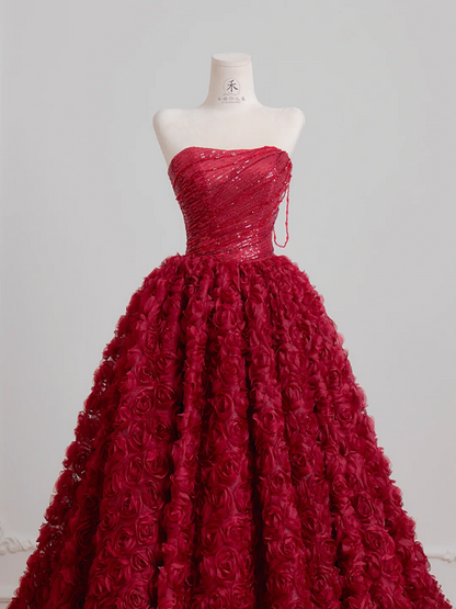 Red strapless, fitted waist, full-skirted, rose-patterned long elegant ball gown/bridal dress R8220