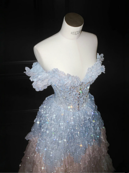 Blue and pink stitching one-shoulder waisted A-line sequined maxi dress, prom dress R5645