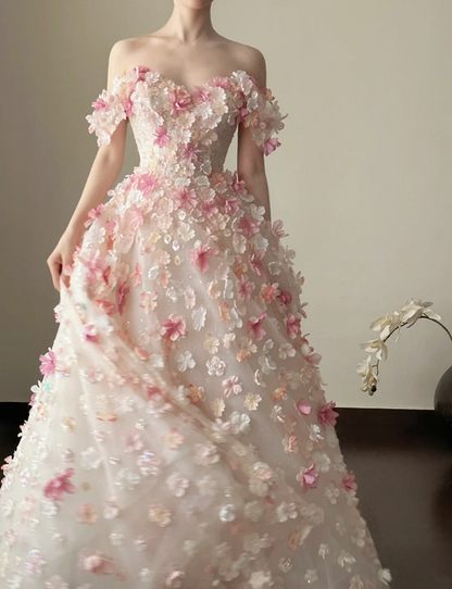 Pink floral one‑shoulder, waist‑cinched, full‑skirted long prom dress R7981